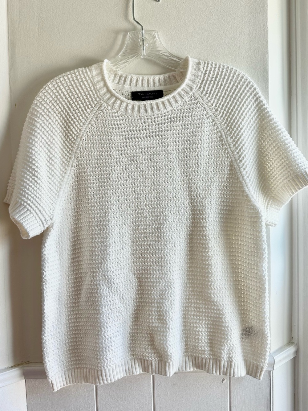 Tahari White Short-Sleeve 100% Cotton Crewneck Knit Sweater Top Women’s Size M